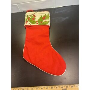 Vintage Red Velvet Large Christmas Stocking Applique Embroidered Holly Berries‎